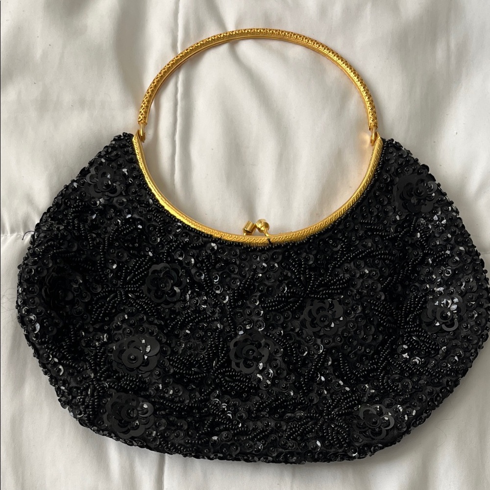 Vintage Elegant Black Beaded Handbag with Gold Handle
